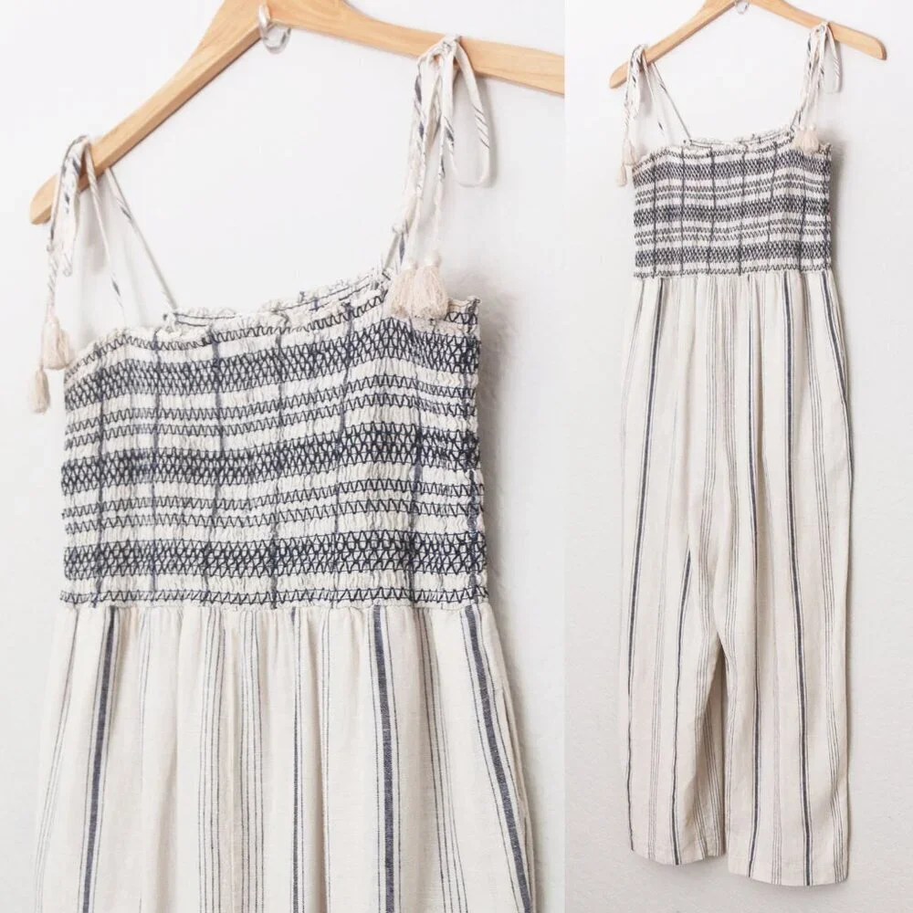 Madewell Striped Smocked Cami Jumpsuit S Cotton Linen Blend Tassel Strap Tie$138